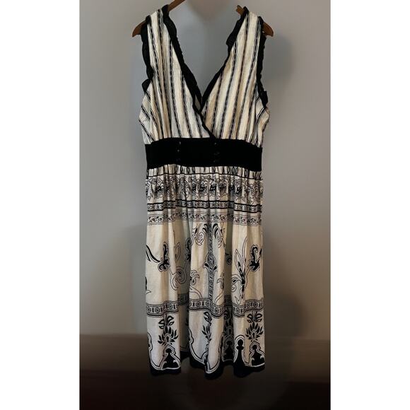 Cassee's Party Dress Plus 2X Elegant Black White Printed Sleeveless 100% Cotton - Picture 1 of 10